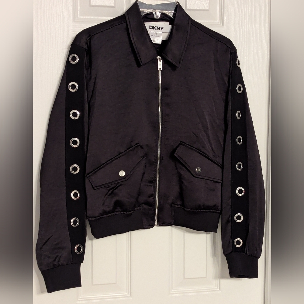 NWT DKNY Women's (Size Small) Black Logo Grommet Woven Lined Bomber Jacket